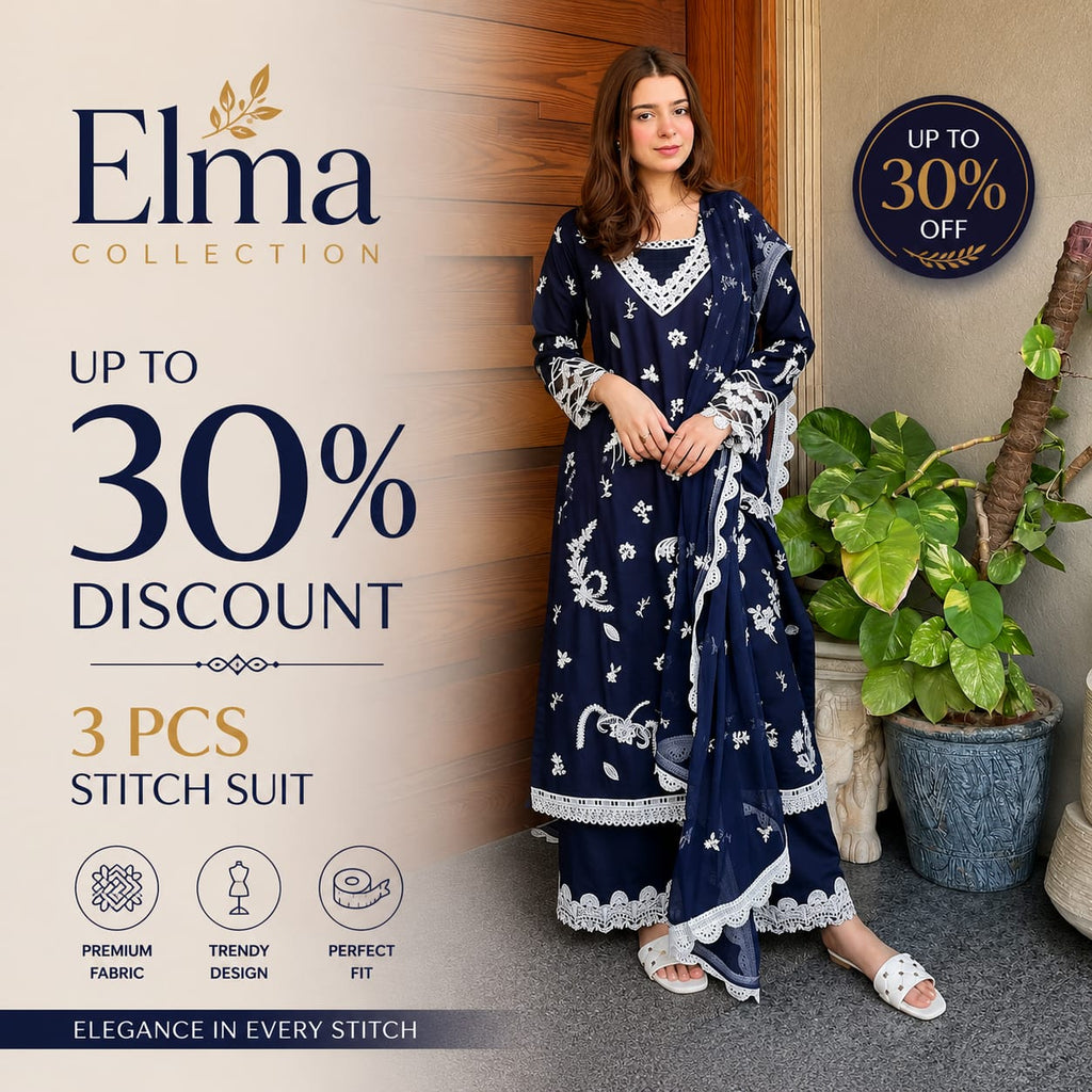 Navy Monarch - 3 Piece Lawn Cotton Embroidered Dress