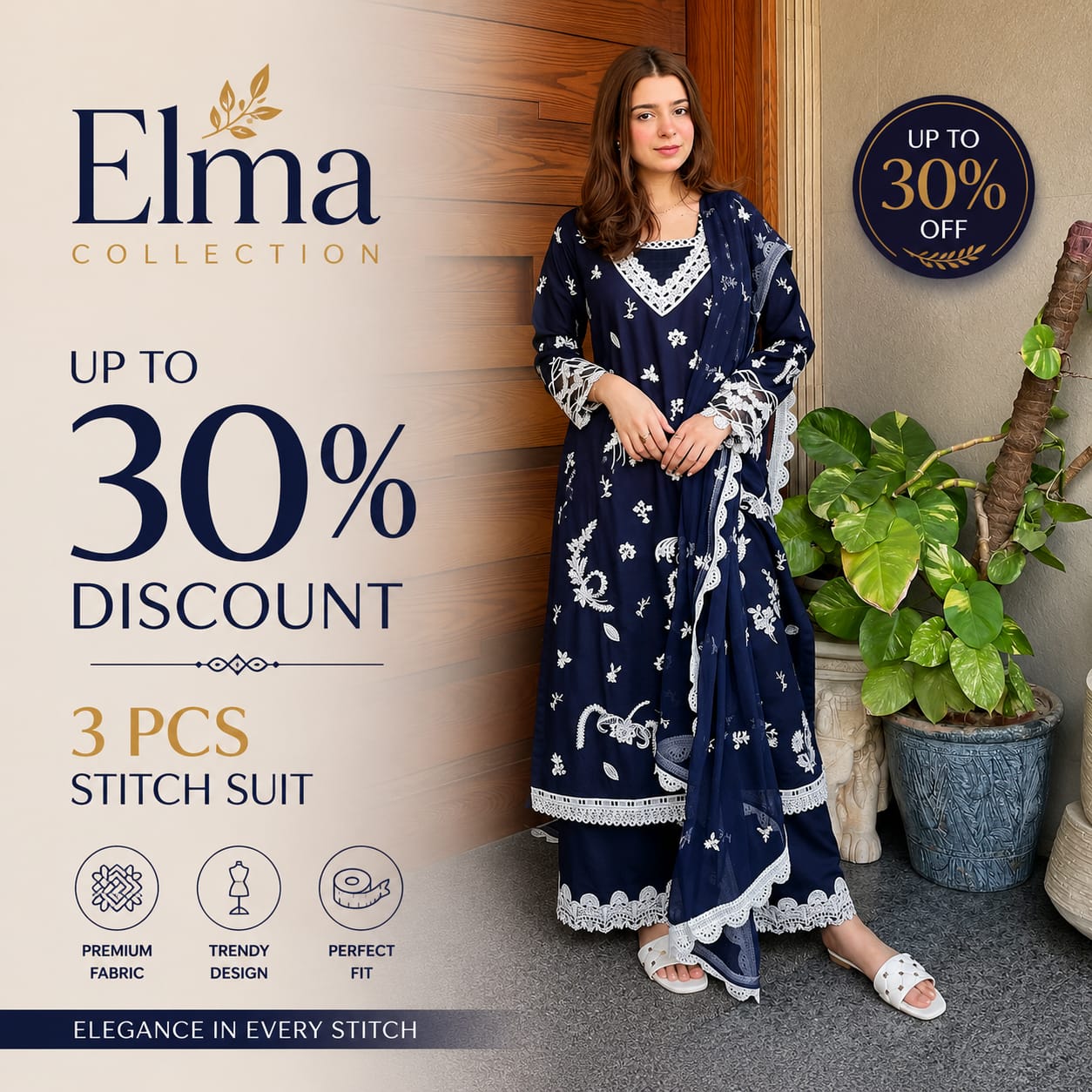 Navy Monarch - 3 Piece Lawn Cotton Embroidered Dress