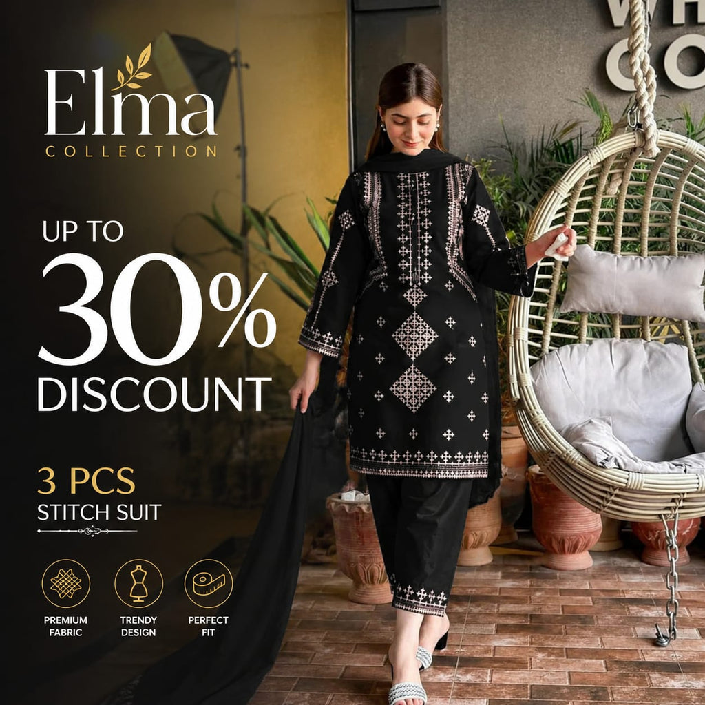 3 Pcs Women's Stitched Cotton Embroidered Suit