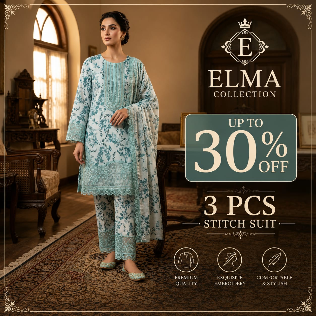 3 Pcs Woman's Stitch Embroidered Suit