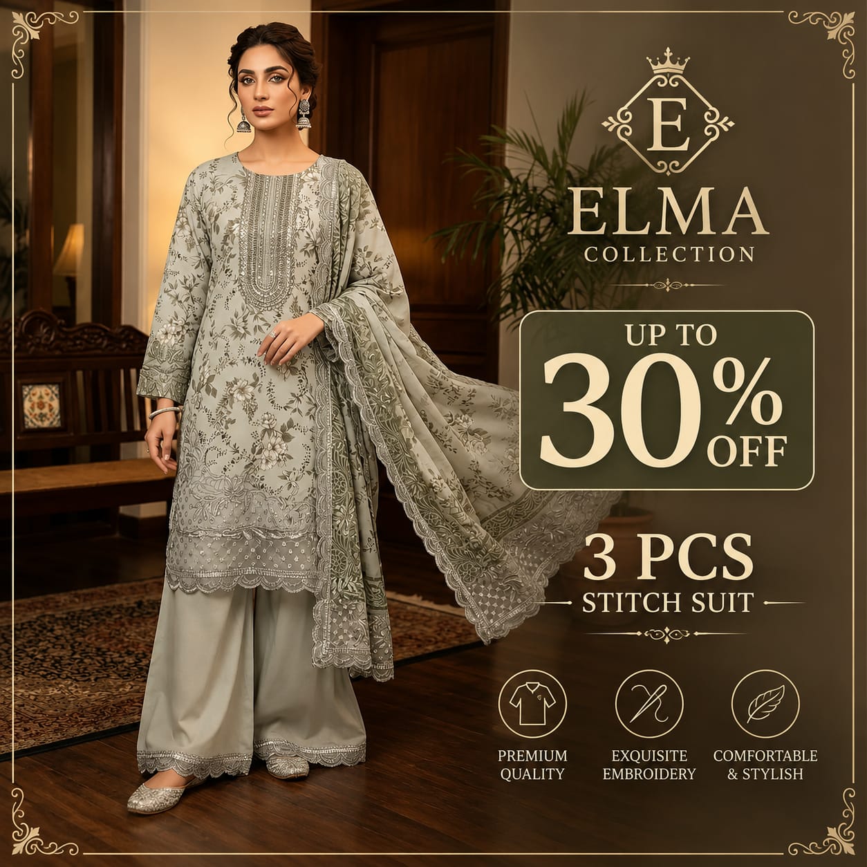 3 Pcs Women's Stitched Lawn Embroidered Suit