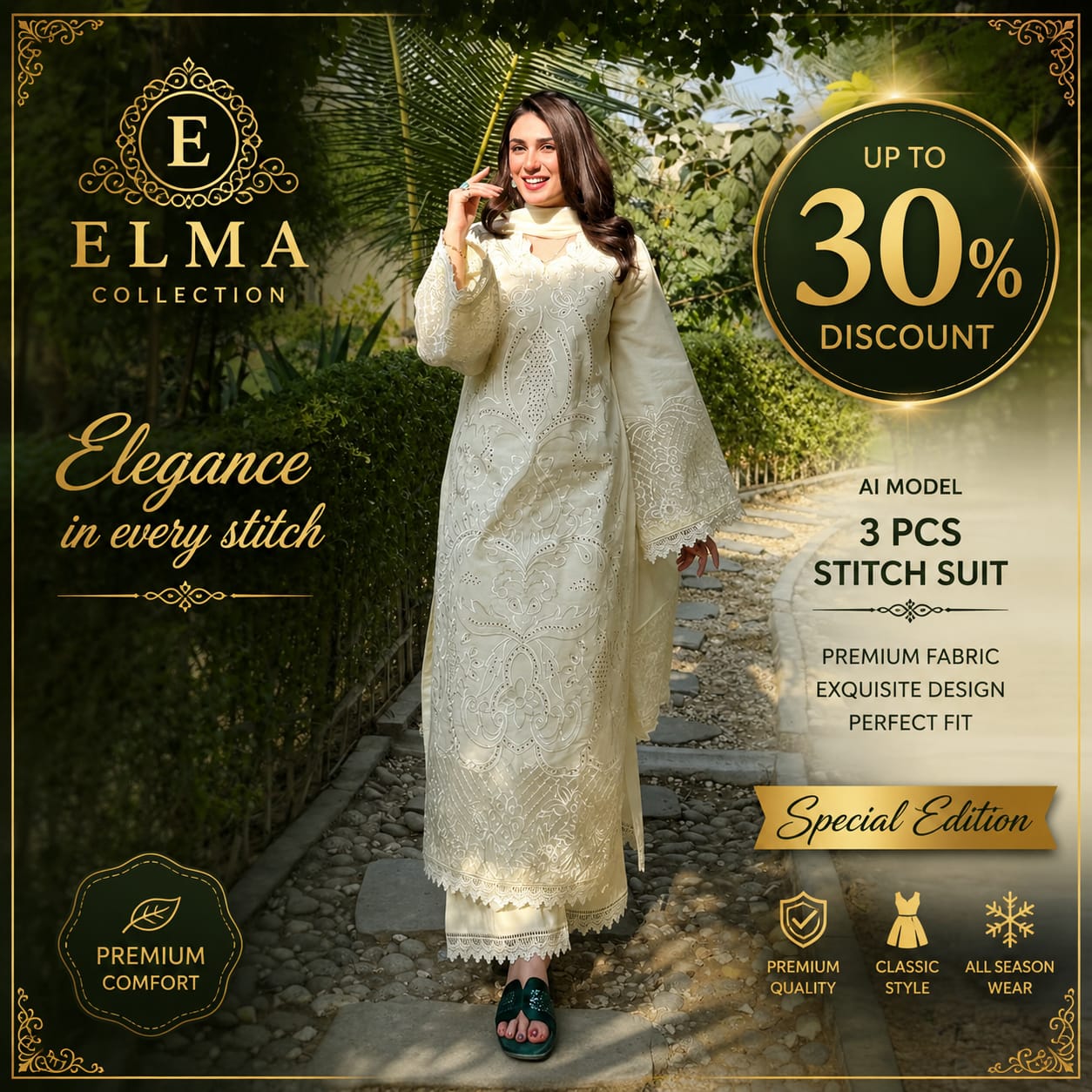 Butter Beige - Women's Stitched Lawn Cotton Embroidered Suit