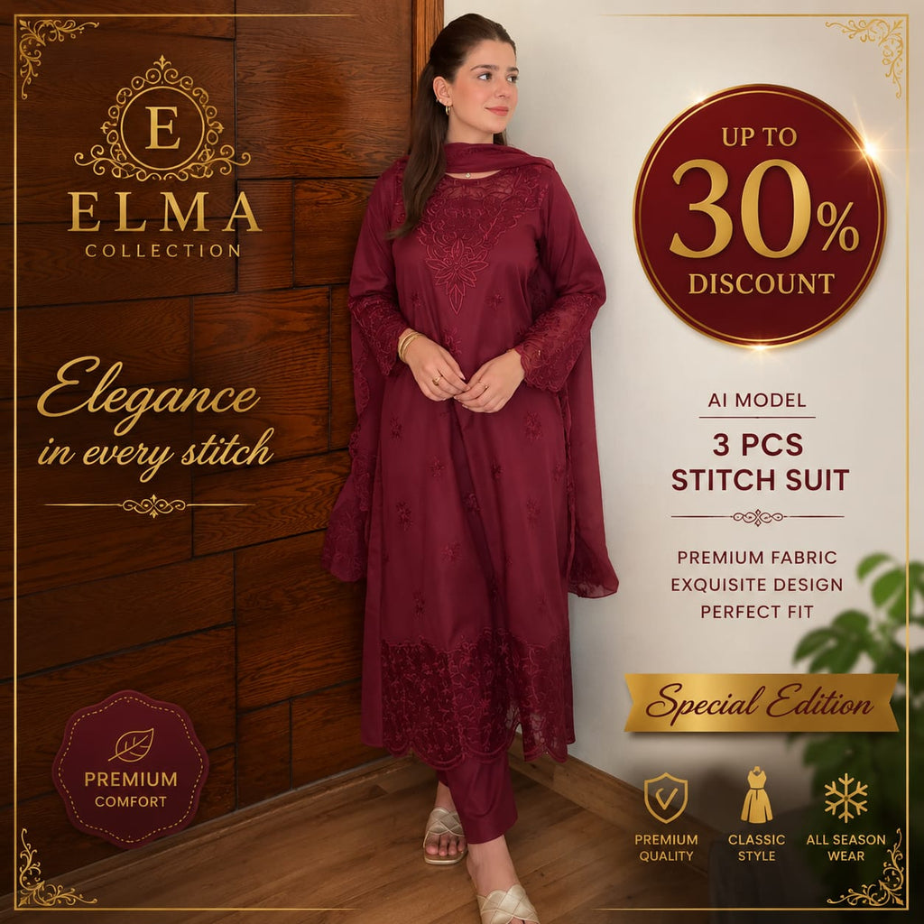 Rose Wine - 3 Piece Embroidered Lawn Cotton Suit