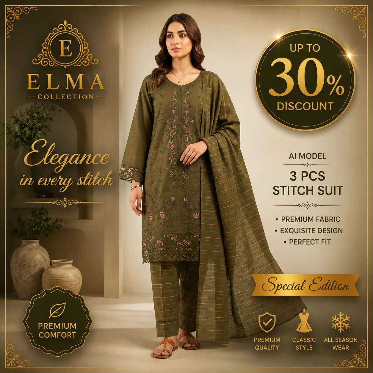 Cotton Lawn Embroidered 3Pcs Set Multicolor