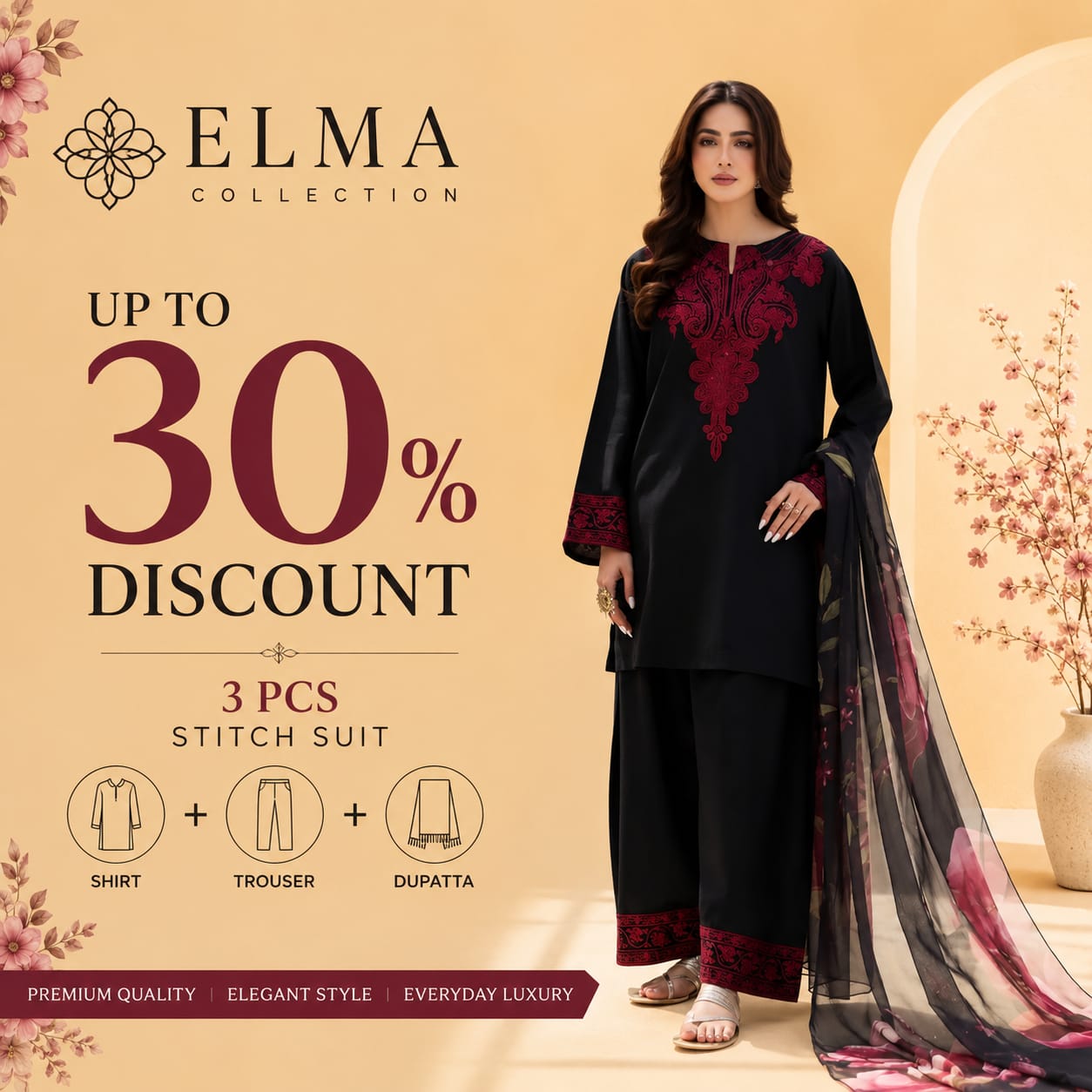 3 Pcs Women's Stitched Cotton Lawn Embroidered Suit