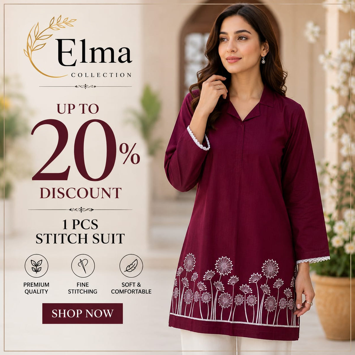 Maroon Embroidered Cotton Lawn Kurta Medium