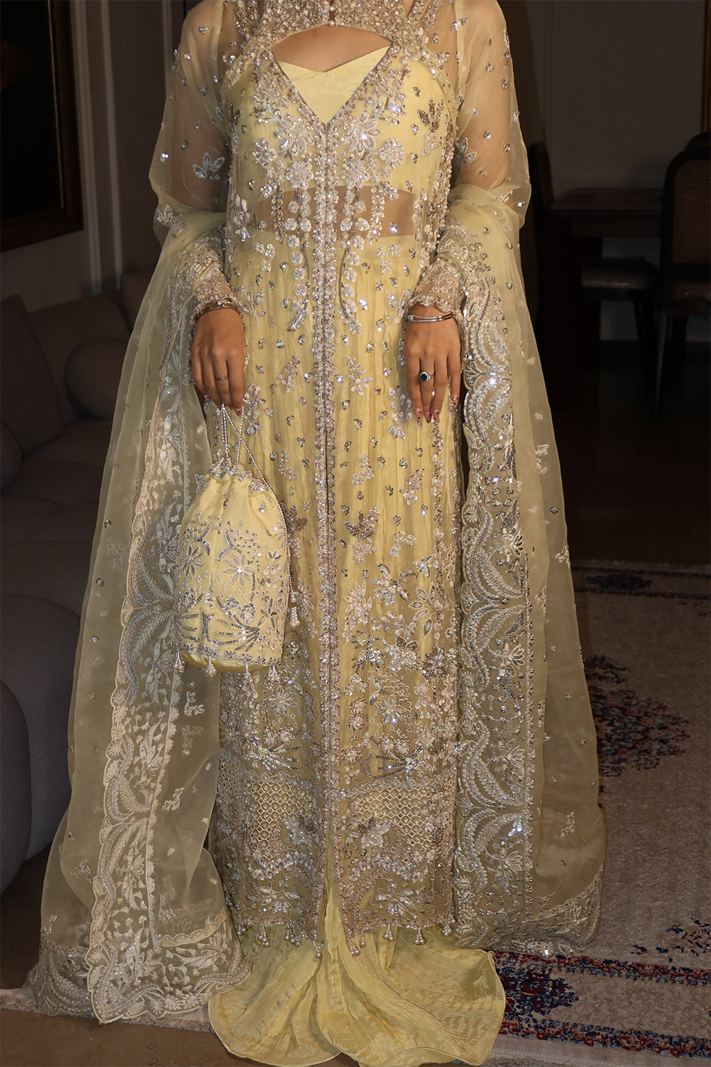 Emaan Adeel Starlit Jewels Unstitched Organza 3Pc Suit - Lemon Quartz