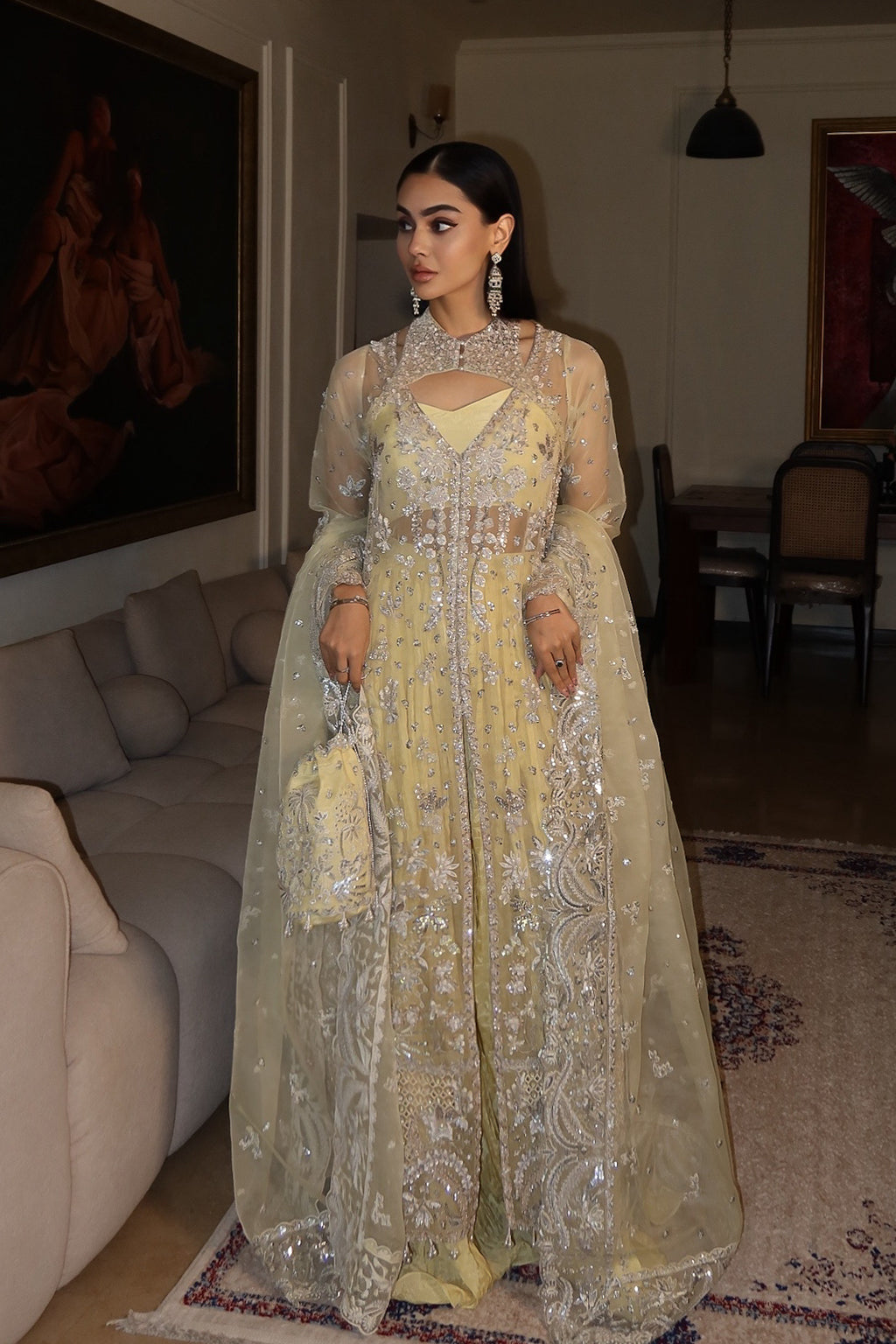 Emaan Adeel Starlit Jewels Unstitched Organza 3Pc Suit - Lemon Quartz