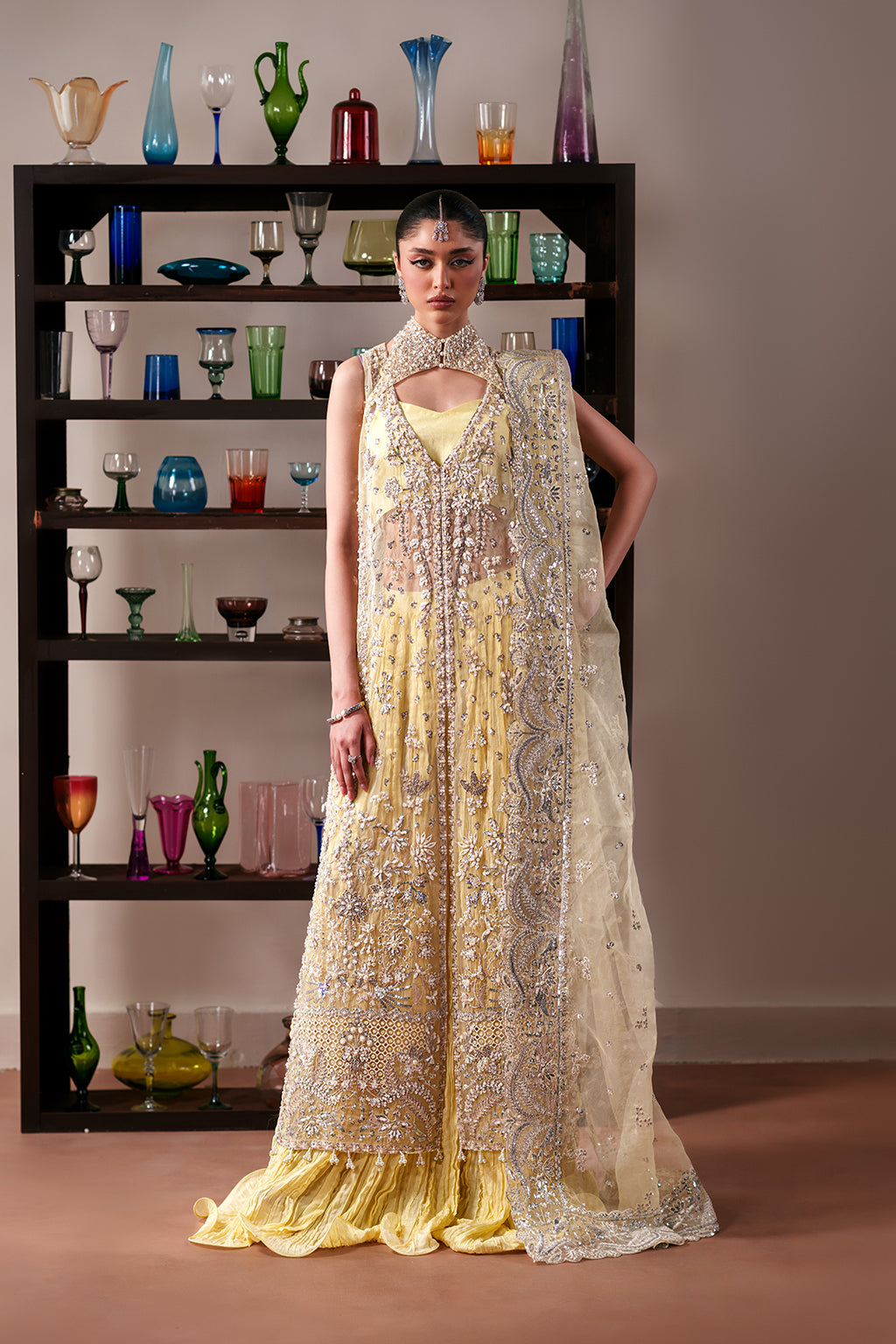 Emaan Adeel Starlit Jewels Unstitched Organza 3Pc Suit - Lemon Quartz