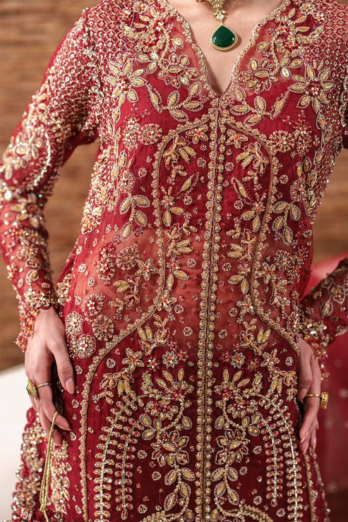 Emaan Adeel Starlit Jewels Unstitched Organza 3Pc Suit - Ruby Veil