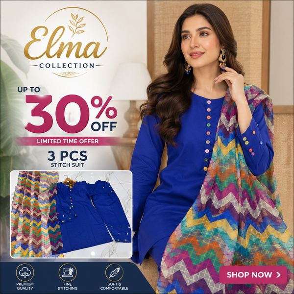 3 Pcs Women's Stitched Cotton Sheesha Work Suit Multi Mirror Attached On Neckline, Sleeves And Farshi Shalwar Bottom With ZigZag Multi Printed Dupatta