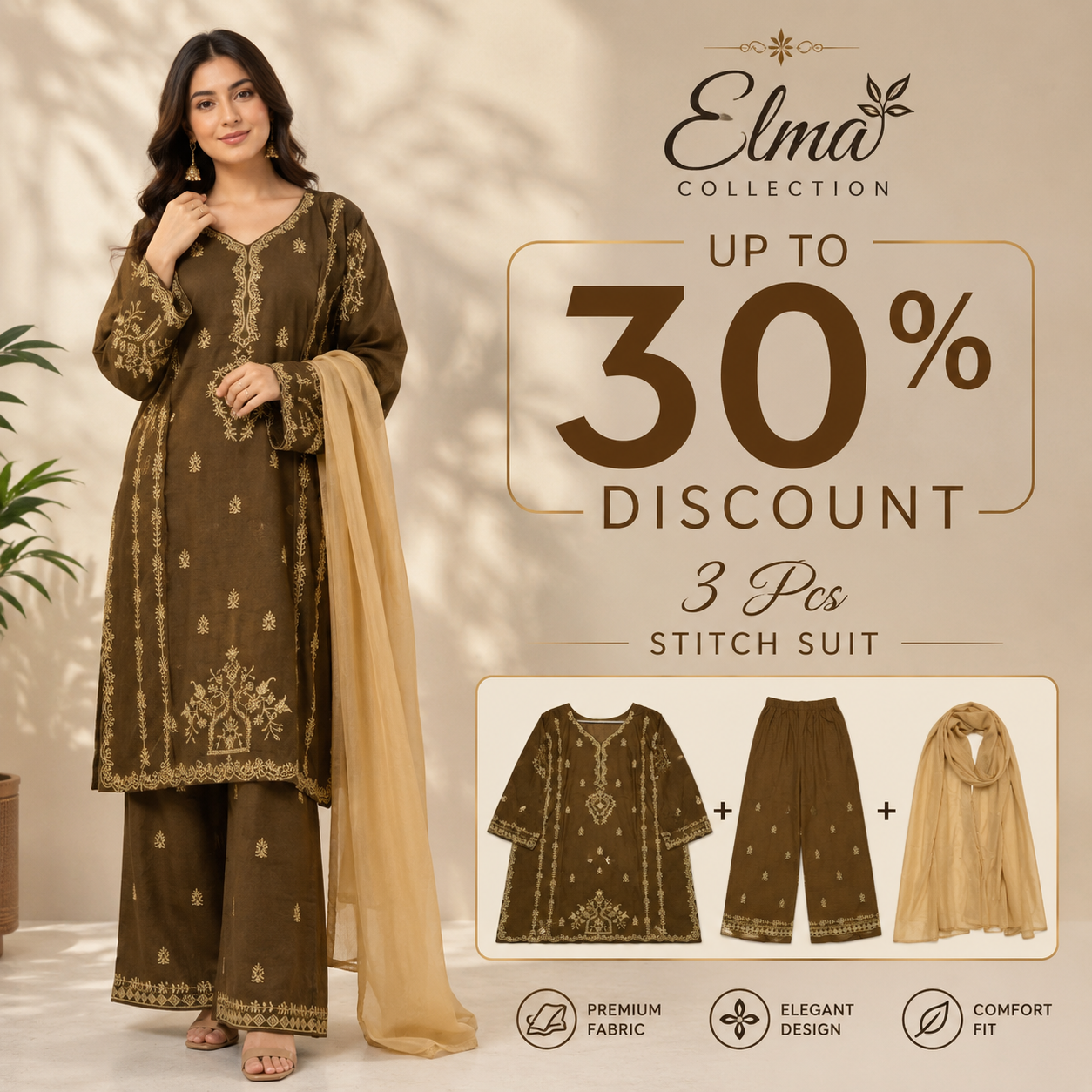 Brown Embroidered 3-Piece Cotton Lawn Suit for Women