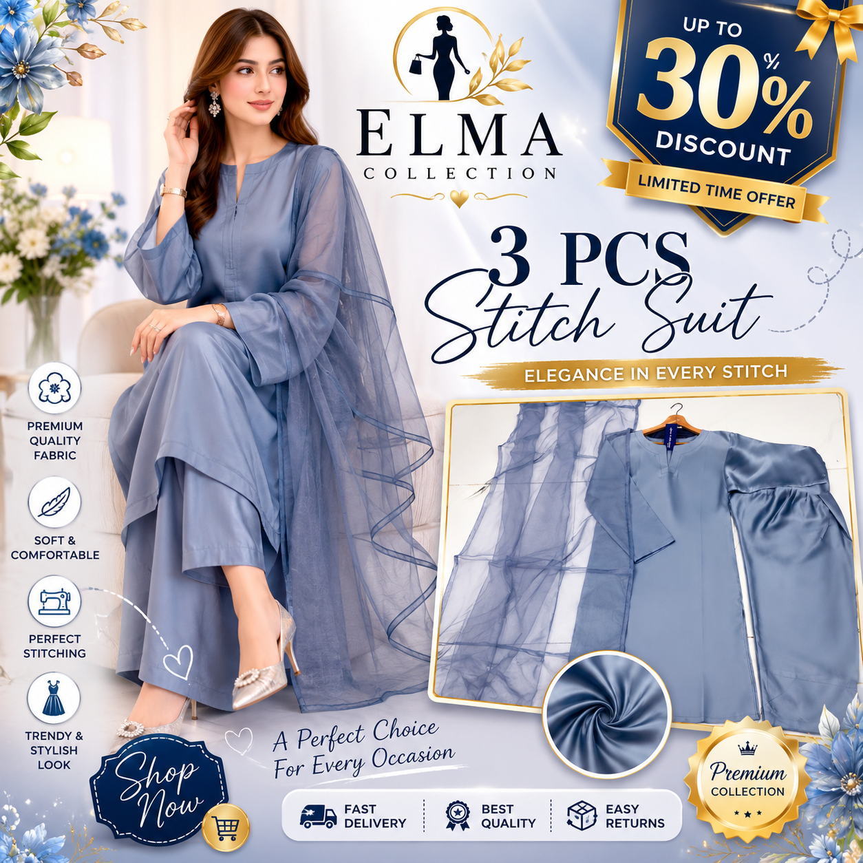 Grey 3Pcs Women's Stitched Plain Suit with Organza Dupatta