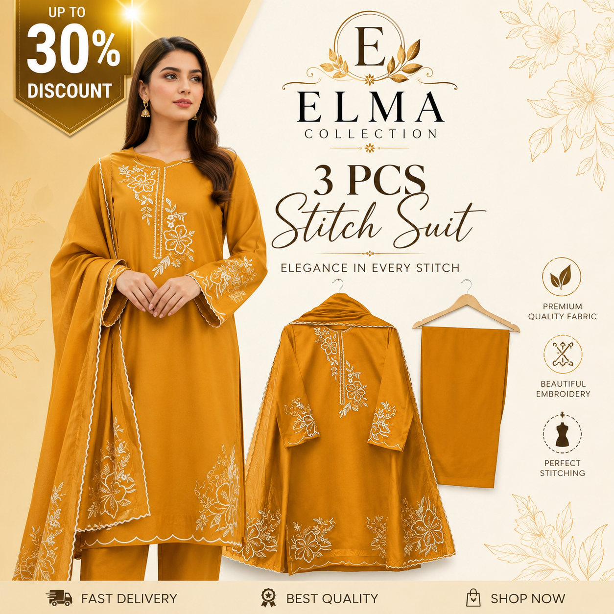 Mustard Embroidered 3-Piece Women Suit